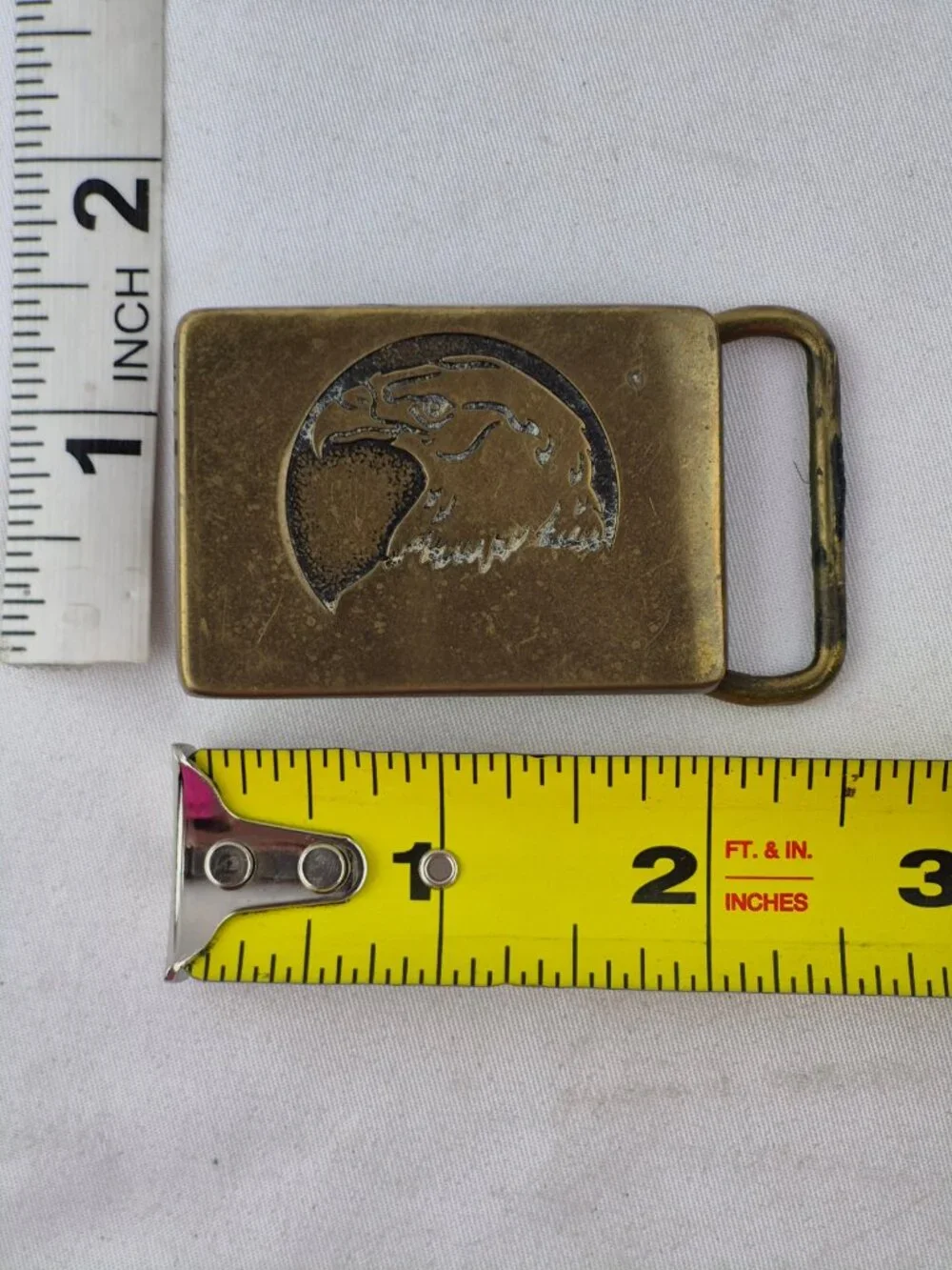 Vintage BTS Brass Belt Buckle Eagle Head Made in USA 1983 Patina Patriotic Retro